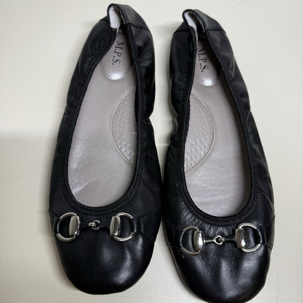 M.P.S. Latida Womens 8,5 M Black Leather Ballet Slip On w/ Silver Buckle Loafer